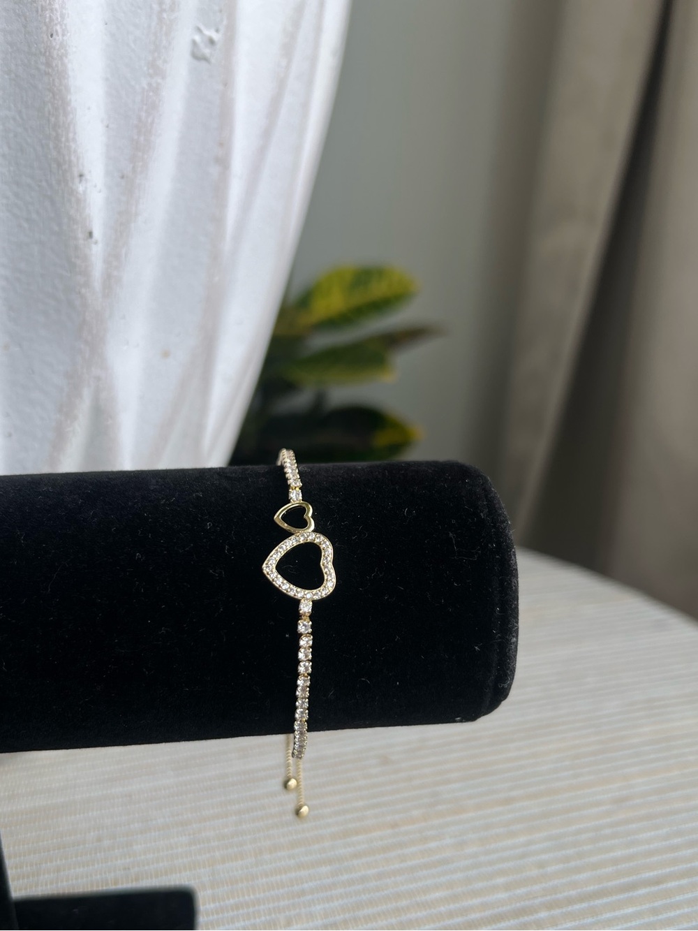 Adjustable double Gold Heart Bracelet with Crystal Accents